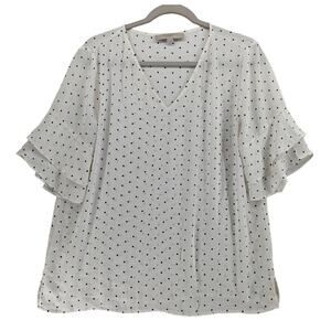 Loft Dot Print Blouse M White Black VNeck Flutter Layered Sleeve Slit‎ Flowy Top